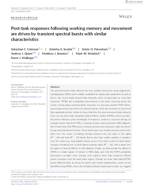 Post‐task responses following working memory and movement are driven by transient spectral bursts with similar characteristics Thumbnail
