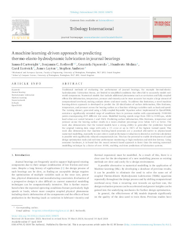 A machine learning-driven approach to predicting thermo-elasto-hydrodynamic lubrication in journal bearings Thumbnail