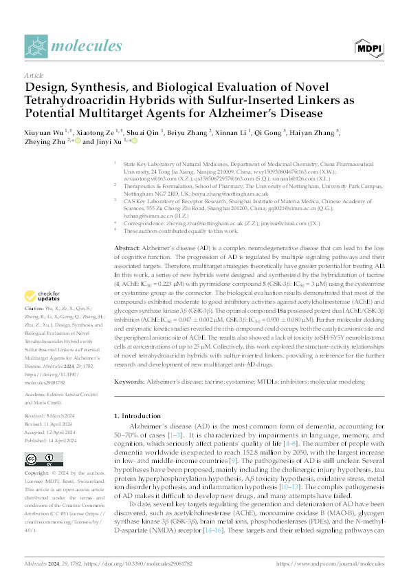 Design, Synthesis, and Biological Evaluation of Novel Tetrahydroacridin Hybrids with Sulfur-Inserted Linkers as Potential Multitarget Agents for Alzheimer’s Disease Thumbnail