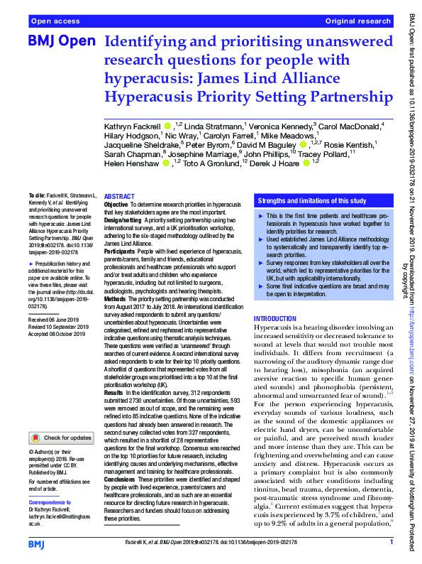 Identifying and prioritising unanswered research questions for people with hyperacusis: James Lind Alliance Hyperacusis Priority Setting Partnership Thumbnail