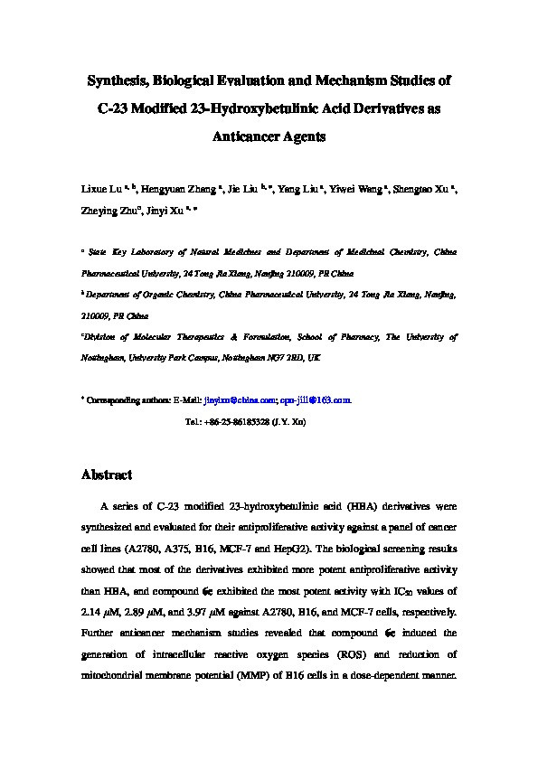 Synthesis, biological evaluation and mechanism studies of C-23 modified 23-hydroxybetulinic acid derivatives as anticancer agents Thumbnail