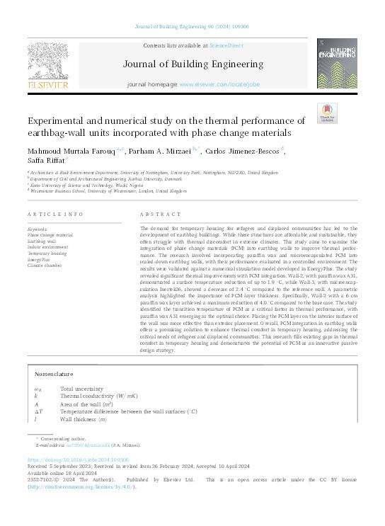 Experimental and numerical study on the thermal performance of earthbag-wall units incorporated with phase change materials Thumbnail