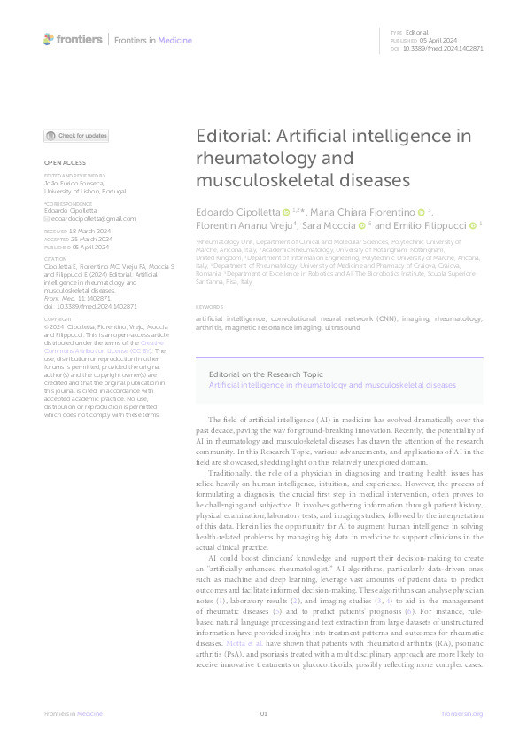 Editorial: Artificial intelligence in rheumatology and musculoskeletal diseases Thumbnail