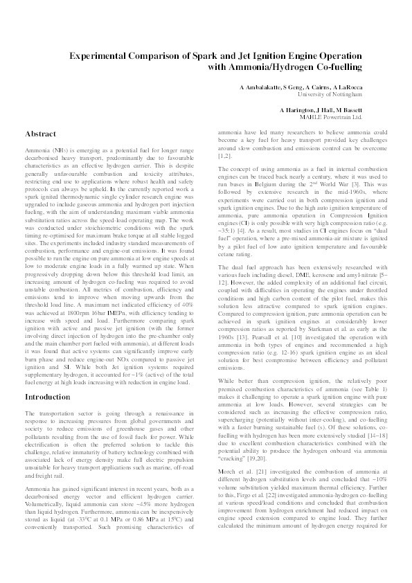 Experimental Comparison of Spark and Jet Ignition Engine Operation with Ammonia/Hydrogen Co-Fuelling Thumbnail