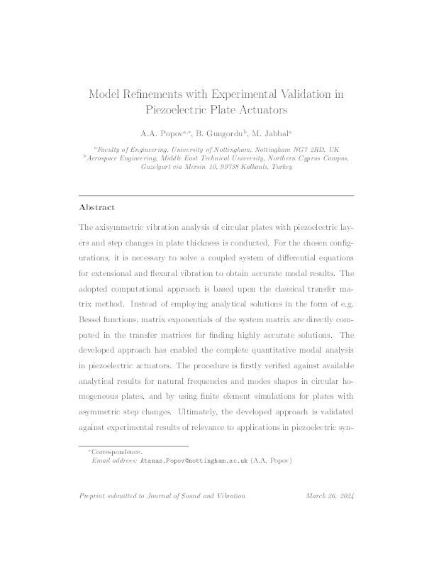 Model refinements with experimental validation in piezoelectric plate actuators Thumbnail