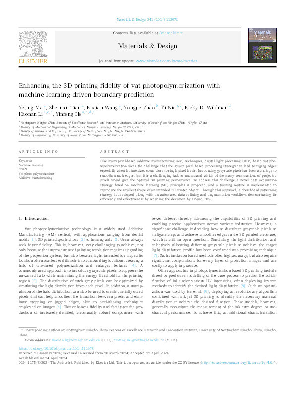 Enhancing the 3D printing fidelity of vat photopolymerization with machine learning-driven boundary prediction Thumbnail