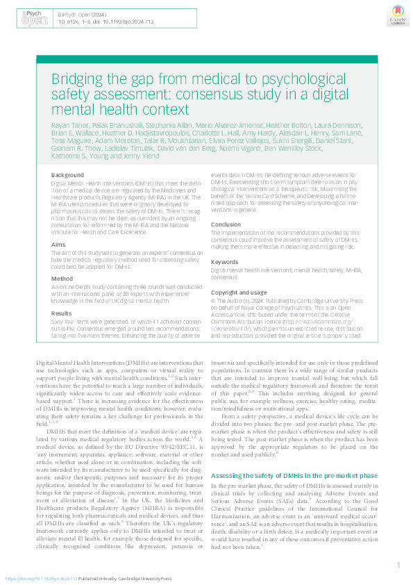 Bridging the gap from medical to psychological safety assessment: consensus study in a digital mental health context Thumbnail