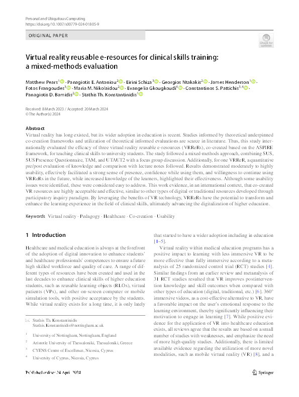 Virtual reality reusable e-resources for clinical skills training: a mixed-methods evaluation Thumbnail