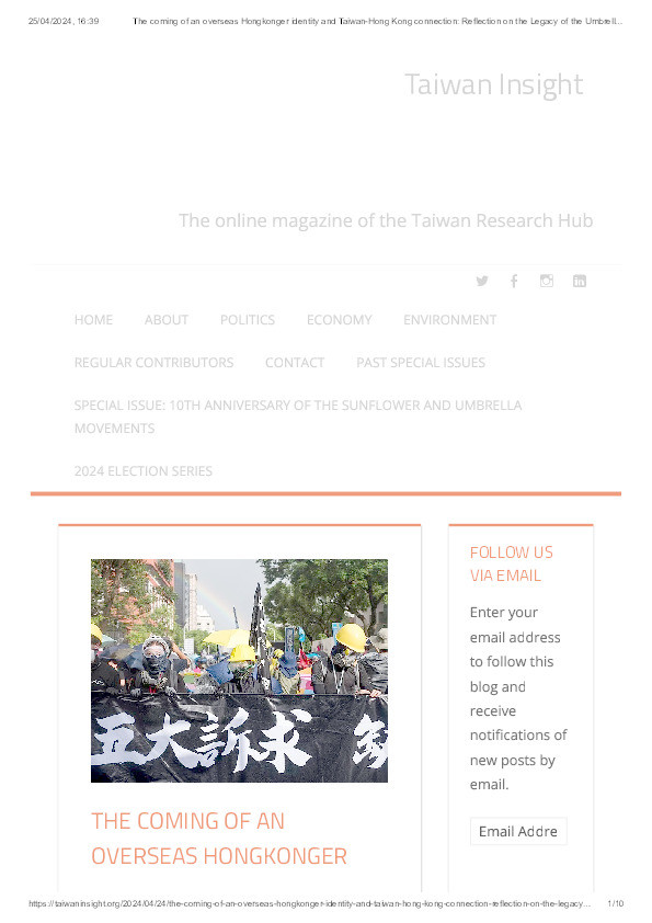The coming of an overseas Hongkonger identity and Taiwan-Hong Kong connection: reflection on the legacy of the Umbrella Movement Thumbnail