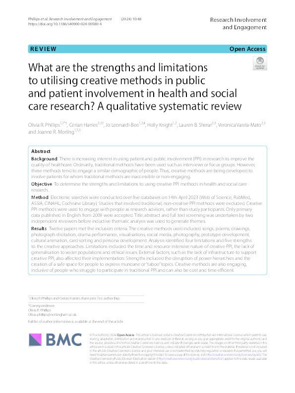 What are the strengths and limitations to utilising creative methods in public and patient involvement in health and social care research? A qualitative systematic review Thumbnail