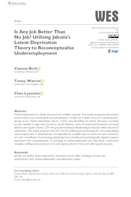 Is any job better than no job? Utilising Jahoda's latent deprivation theory to reconceptualise underemployment Thumbnail