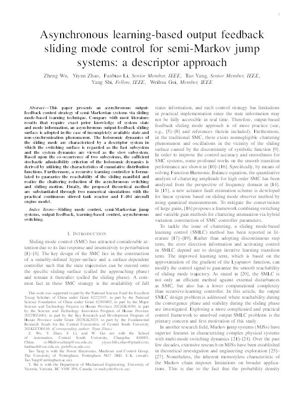 Asynchronous learning-based output feedback sliding mode control for semi-Markov jump systems: a descriptor approach Thumbnail