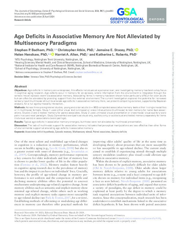 Age Deficits in Associative Memory Are Not Alleviated by Multisensory Paradigms Thumbnail