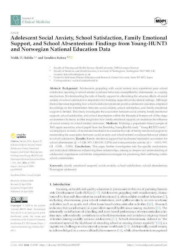 Adolescent Social Anxiety, School Satisfaction, Family Emotional Support, and School Absenteeism: Findings from Young-HUNT3 and Norwegian National Education Data Thumbnail