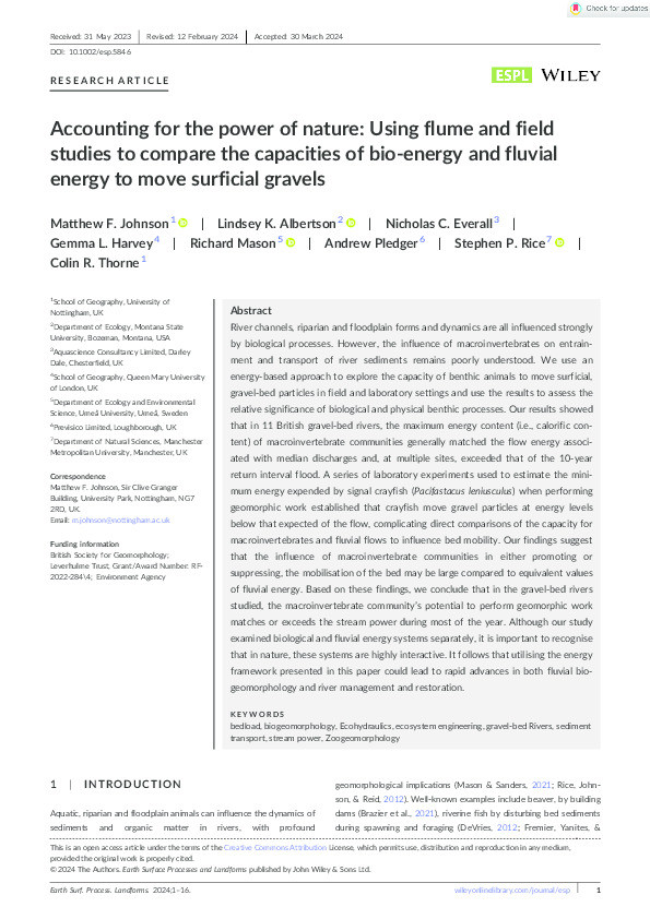 Accounting for the power of nature: Using flume and field studies to compare the capacities of bio-energy and fluvial energy to move surficial gravels Thumbnail