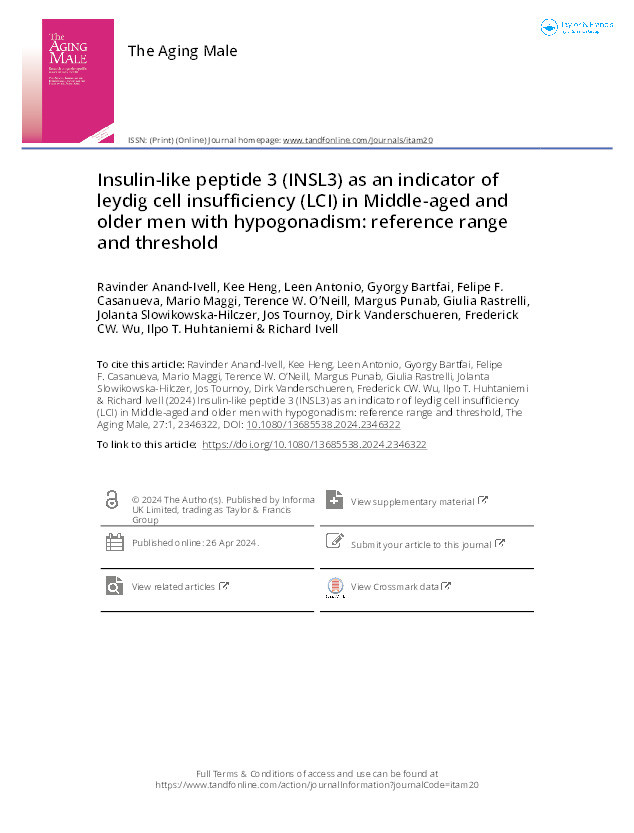 Insulin-like peptide 3 (INSL3) as an indicator of leydig cell insufficiency (LCI) in Middle-aged and older men with hypogonadism: reference range and threshold Thumbnail