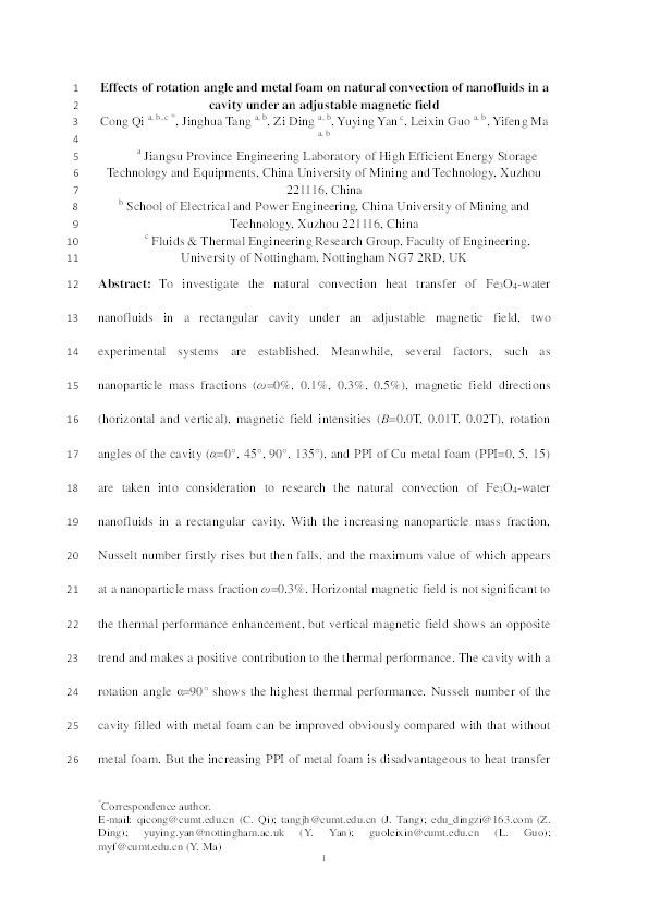 Effects of rotation angle and metal foam on natural convection of nanofluids in a cavity under an adjustable magnetic field Thumbnail