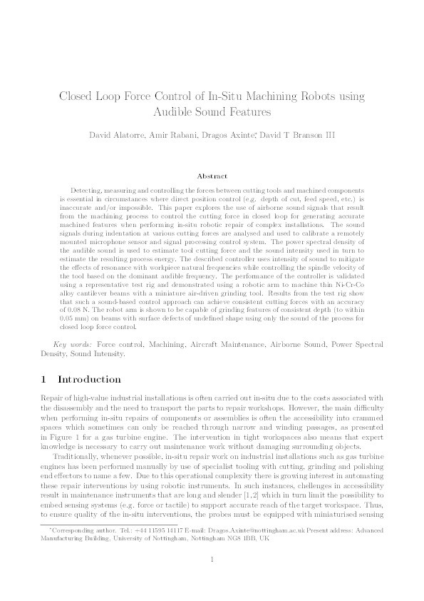 Closed Loop Force Control of In-Situ Machining Robots using Audible Sound Features Thumbnail