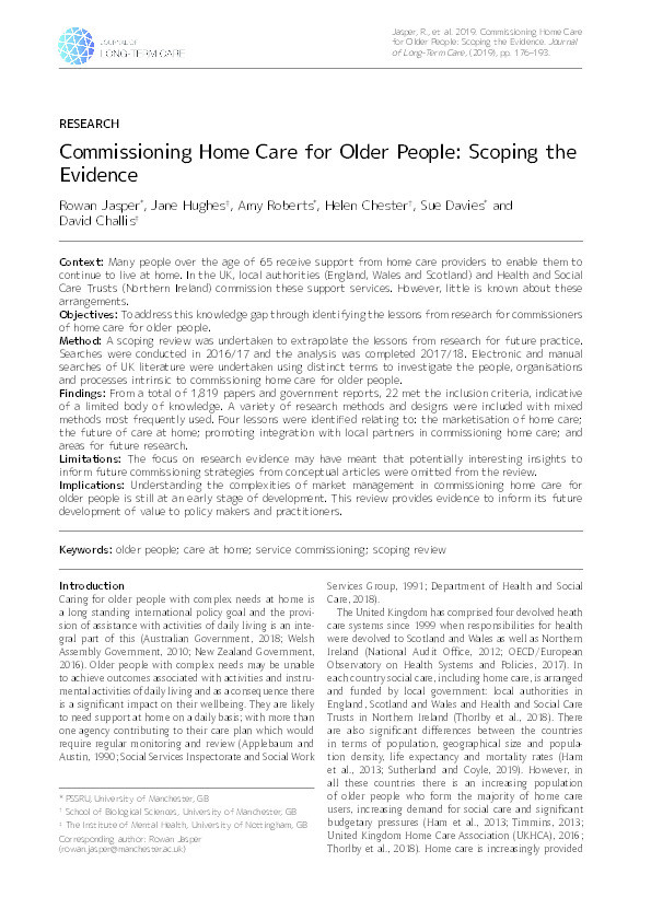Commissioning Home Care for Older People: Scoping the Evidence Thumbnail