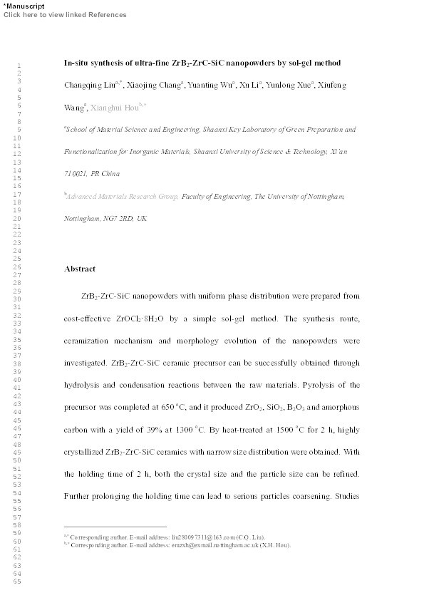 In-situ synthesis of ultra-fine ZrB2–ZrC–SiC nanopowders by sol-gel method Thumbnail