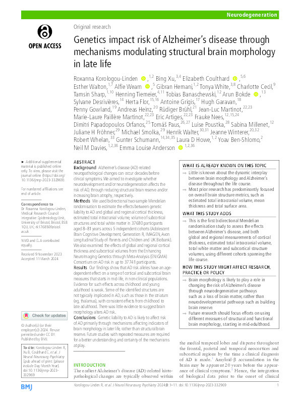 Genetics impact risk of Alzheimer’s disease through mechanisms modulating structural brain morphology in late life Thumbnail