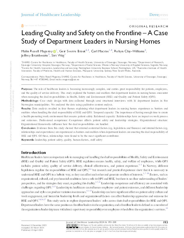 Leading Quality and Safety on the Frontline – A Case Study of Department Leaders in Nursing Homes Thumbnail
