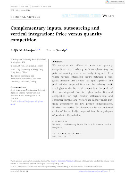 Complementary inputs, outsourcing and vertical integration: Price versus quantity competition Thumbnail