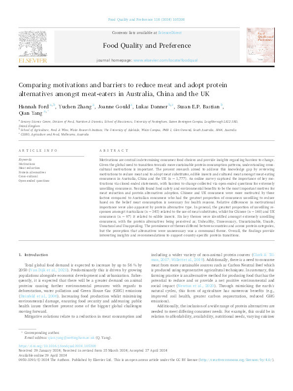 Comparing motivations and barriers to reduce meat and adopt protein alternatives amongst meat-eaters in Australia, China and the UK Thumbnail