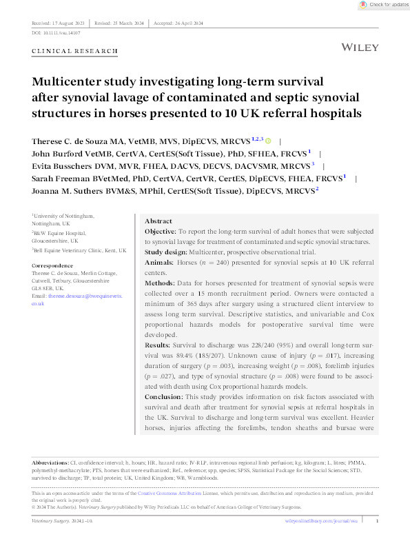 Multicenter study investigating long‐term survival after synovial lavage of contaminated and septic synovial structures in horses presented to 10 UK referral hospitals Thumbnail