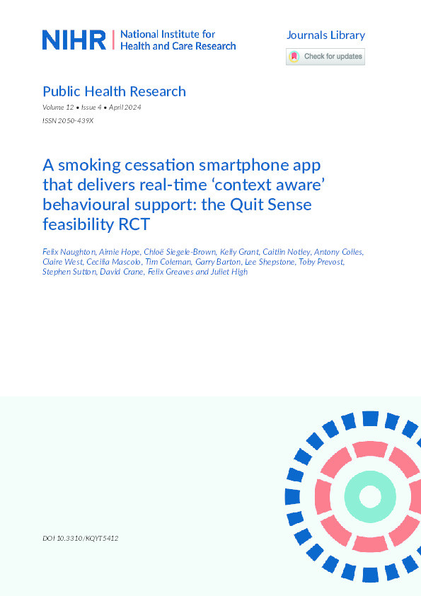 A smoking cessation smartphone app that delivers real-time 'context aware' behavioural support: the Quit Sense feasibility RCT. Thumbnail
