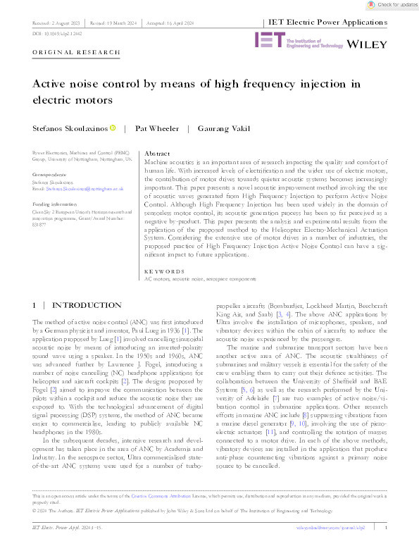 Active noise control by means of high frequency injection in electric motors Thumbnail