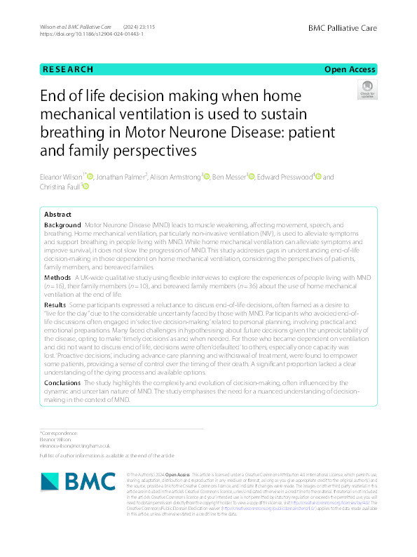 End of life decision making when home mechanical ventilation is used to sustain breathing in Motor Neurone Disease: patient and family perspectives Thumbnail