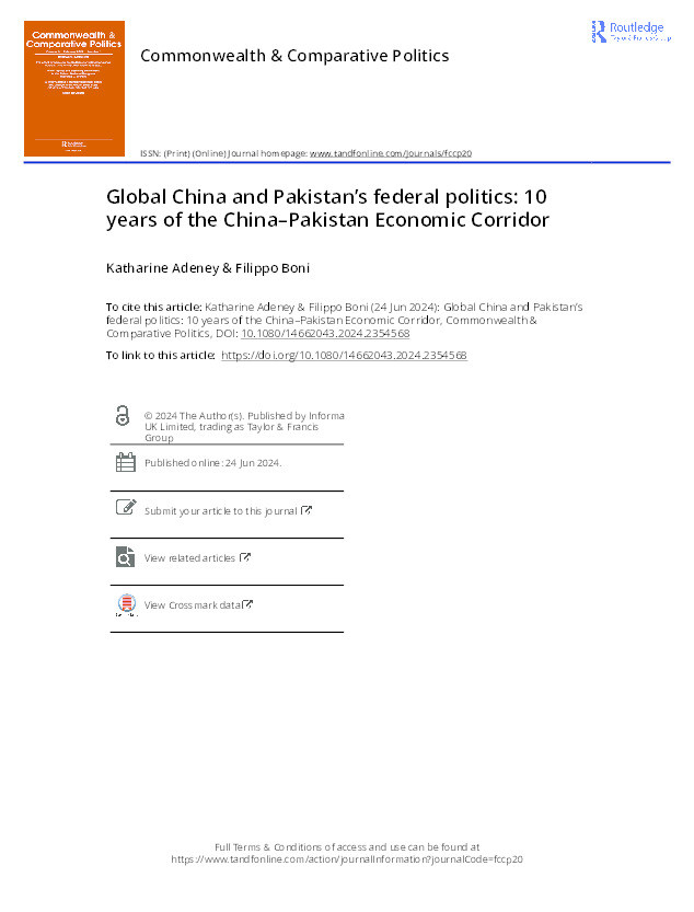 Global China and Pakistan’s federal politics: 10 years of the China–Pakistan Economic Corridor Thumbnail