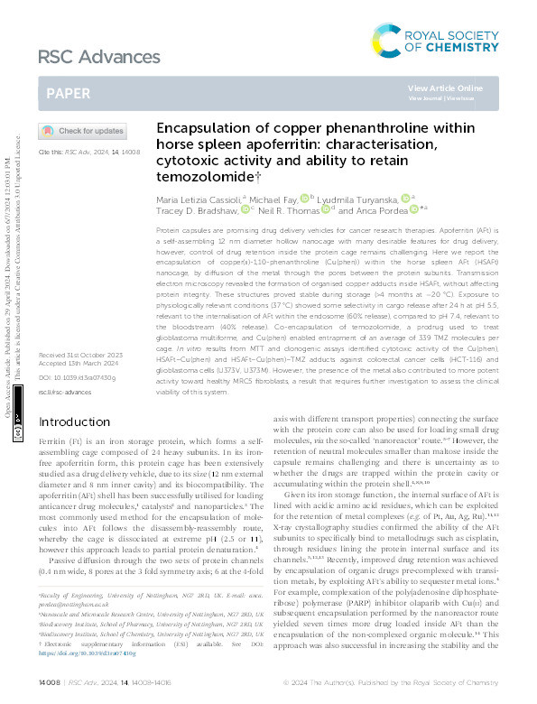 Encapsulation of copper phenanthroline within horse spleen apoferritin: characterisation, cytotoxic activity and ability to retain temozolomide Thumbnail