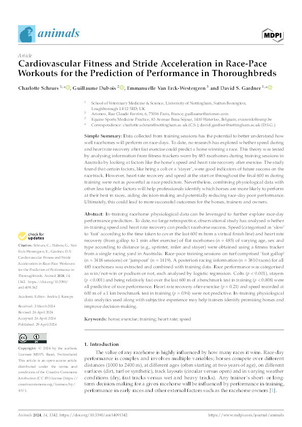 Cardiovascular Fitness and Stride Acceleration in Race-Pace Workouts for the Prediction of Performance in Thoroughbreds Thumbnail