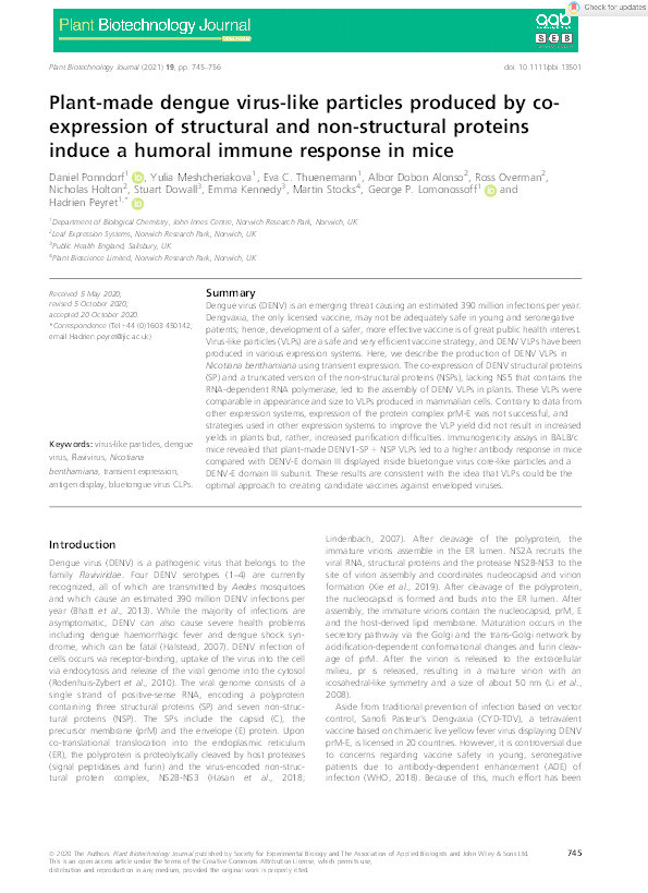 Plant‐made dengue virus‐like particles produced by co‐expression of structural and non‐structural proteins induce a humoral immune response in mice Thumbnail