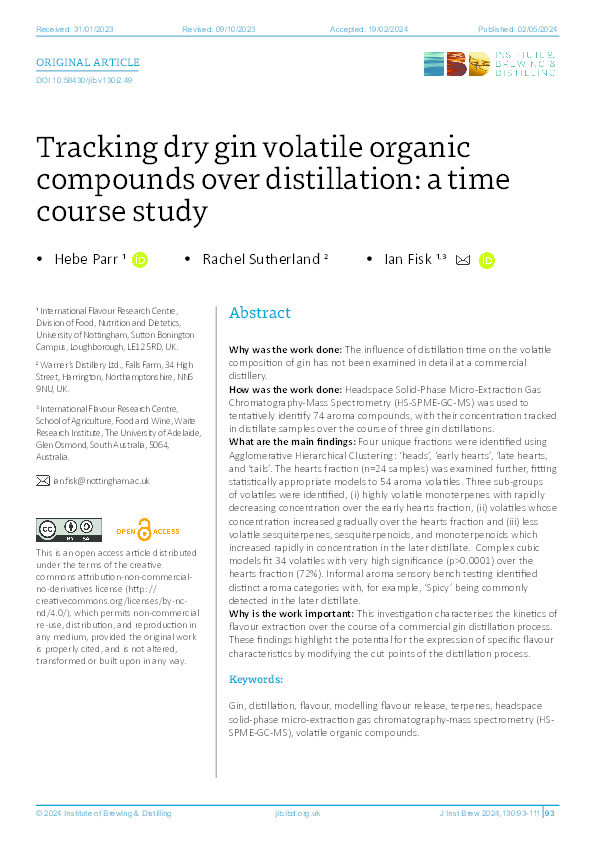 Tracking dry gin volatile organic compounds over distillation: a time course study Thumbnail