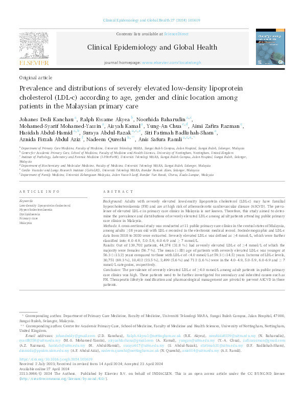 Prevalence and distributions of severely elevated low-density lipoprotein cholesterol (LDL-c) according to age, gender and clinic location among patients in the Malaysian primary care Thumbnail