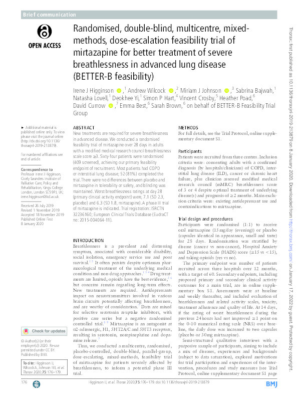 Randomised, double-blind, multicentre, mixed-methods, dose-escalation feasibility trial of mirtazapine for better treatment of severe breathlessness in advanced lung disease (BETTER-B feasibility) Thumbnail
