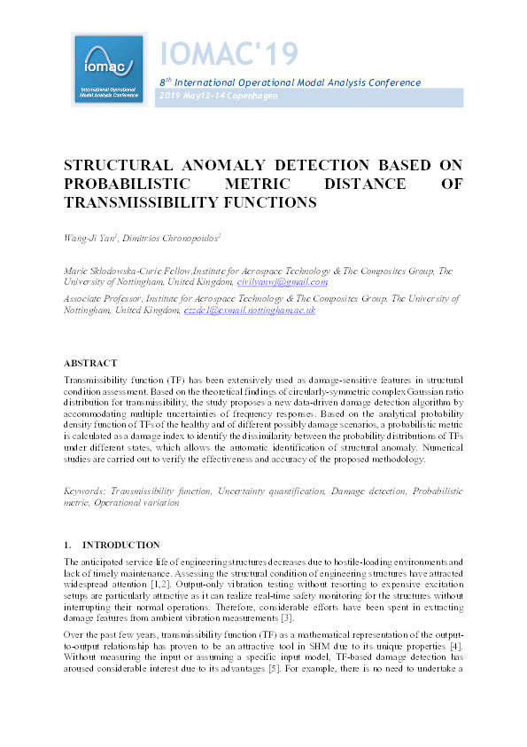 Structural anomaly detection based on probabilistic metric distance of transmissibility functions Thumbnail