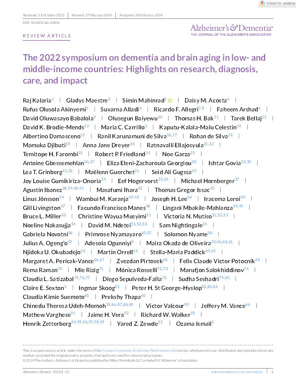 The 2022 symposium on dementia and brain aging in low‐ and middle‐income countries: Highlights on research, diagnosis, care, and impact Thumbnail
