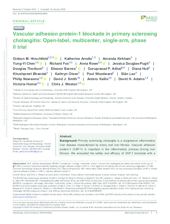 Vascular adhesion protein-1 blockade in primary sclerosing cholangitis: Open-label, multicenter, single-arm, phase II trial Thumbnail