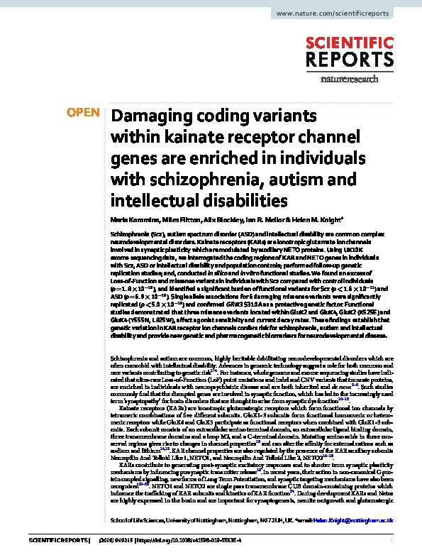 Damaging coding variants within kainate receptor channel genes are enriched in individuals with schizophrenia, autism and intellectual disabilities Thumbnail