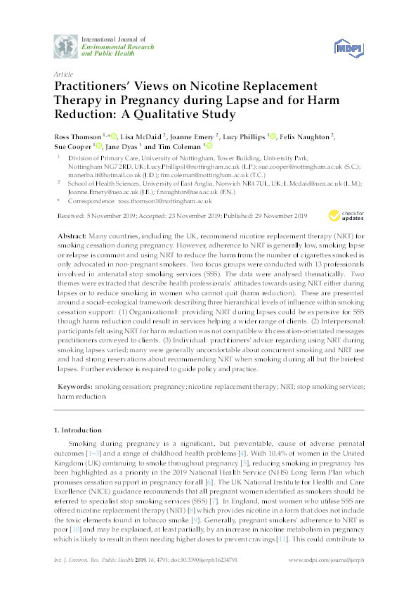 Practitioners’ Views on Nicotine Replacement Therapy in Pregnancy during Lapse and for Harm Reduction: A Qualitative Study Thumbnail