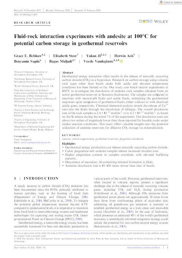 Fluid-rock interaction experiments with andesite at 100°C for potential carbon storage in geothermal reservoirs Thumbnail