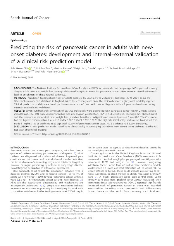 Predicting the risk of pancreatic cancer in adults with new-onset diabetes: development and internal–external validation of a clinical risk prediction model Thumbnail