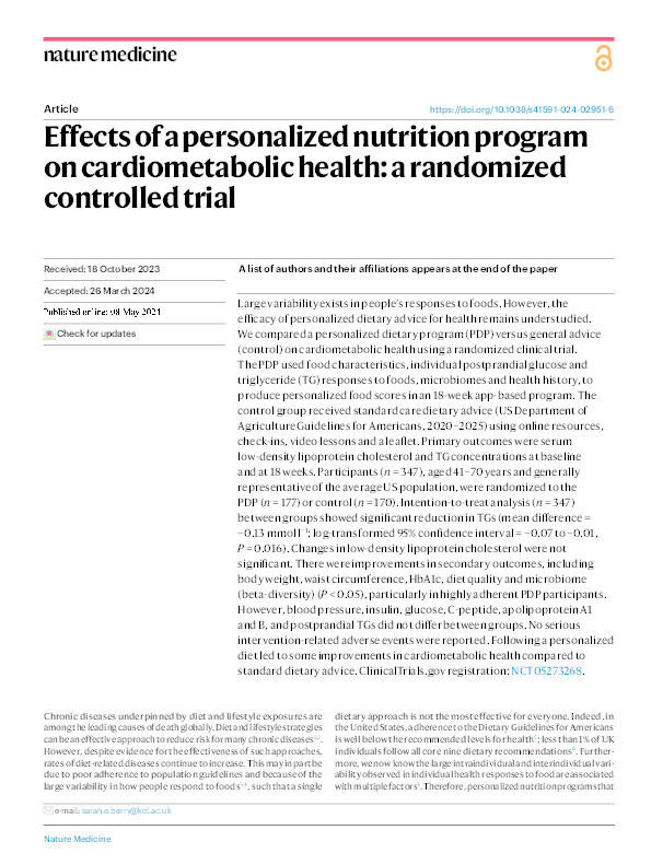 Effects of a personalized nutrition program on cardiometabolic health: a randomized controlled trial Thumbnail