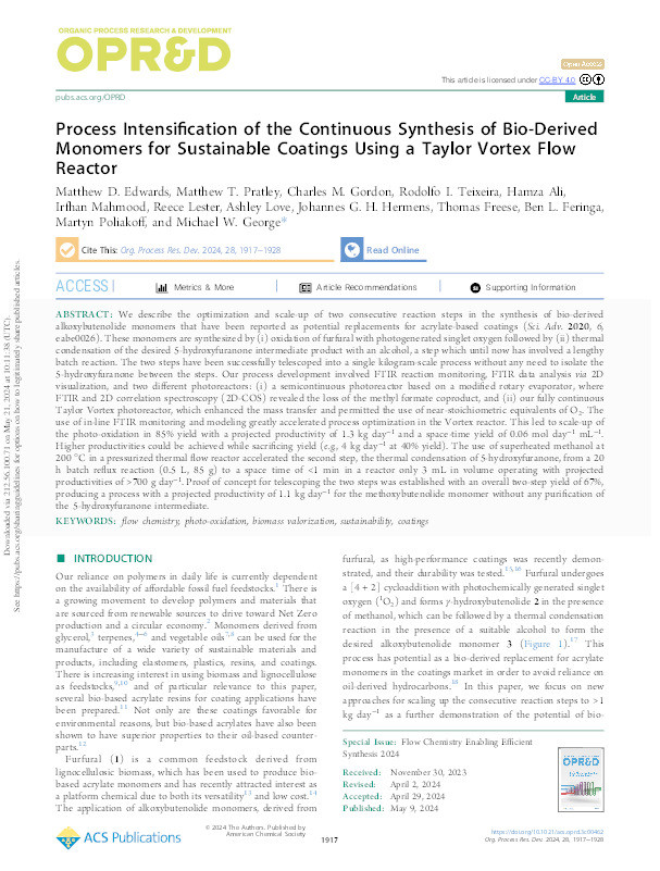 Process Intensification of the Continuous Synthesis of Bio-Derived Monomers for Sustainable Coatings Using a Taylor Vortex Flow Reactor Thumbnail