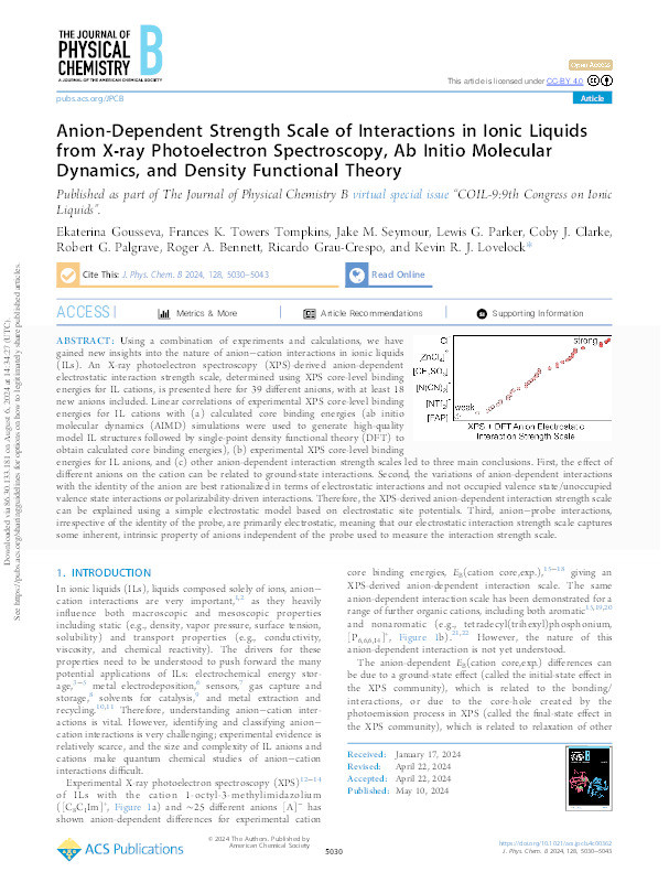 Anion-Dependent Strength Scale of Interactions in Ionic Liquids from X-ray Photoelectron Spectroscopy, Ab Initio Molecular Dynamics, and Density Functional Theory Thumbnail