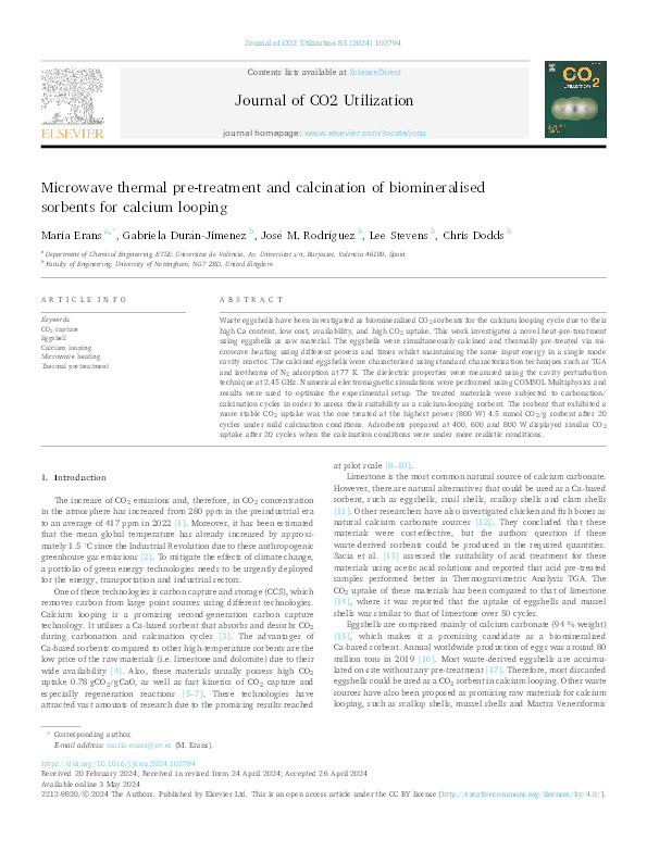 Microwave thermal pre-treatment and calcination of biomineralised sorbents for calcium looping Thumbnail